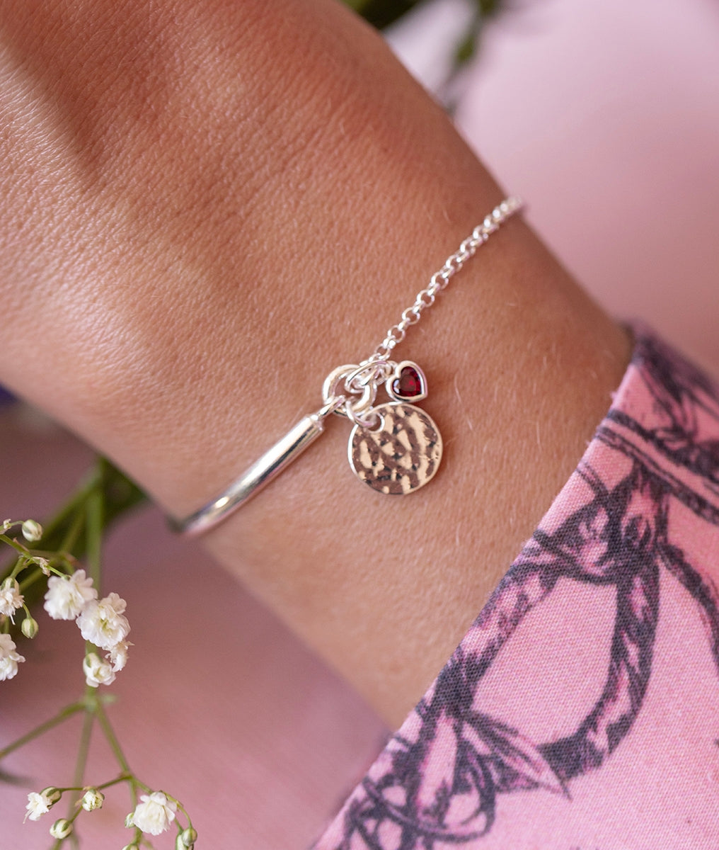 Demi jonc chaînette petite médaille martelée et petit coeur zircon Argent 925 - 1