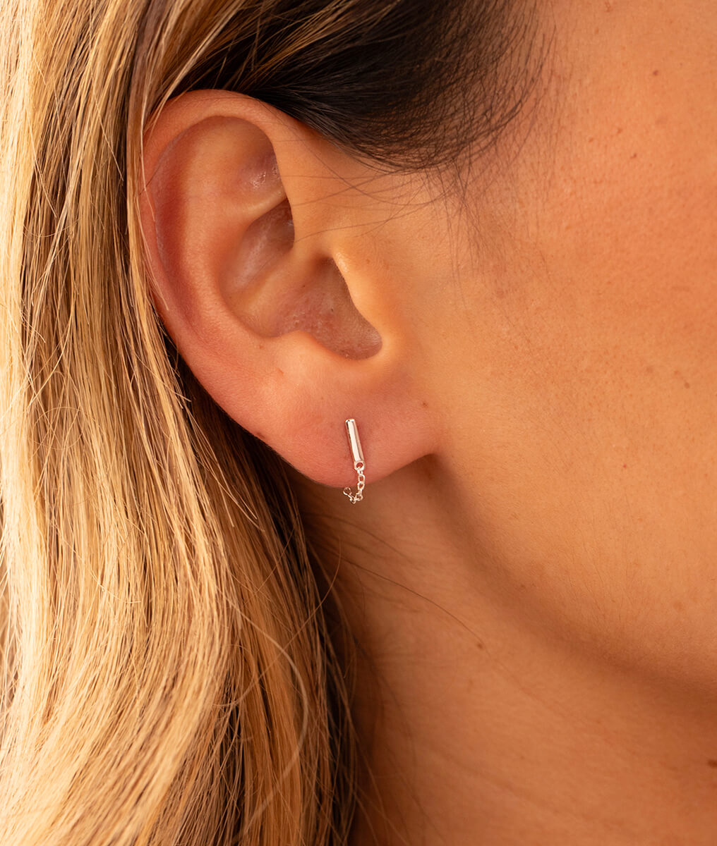 Boucles d'oreilles puces rectangle et chaîne Argent 925 - 1