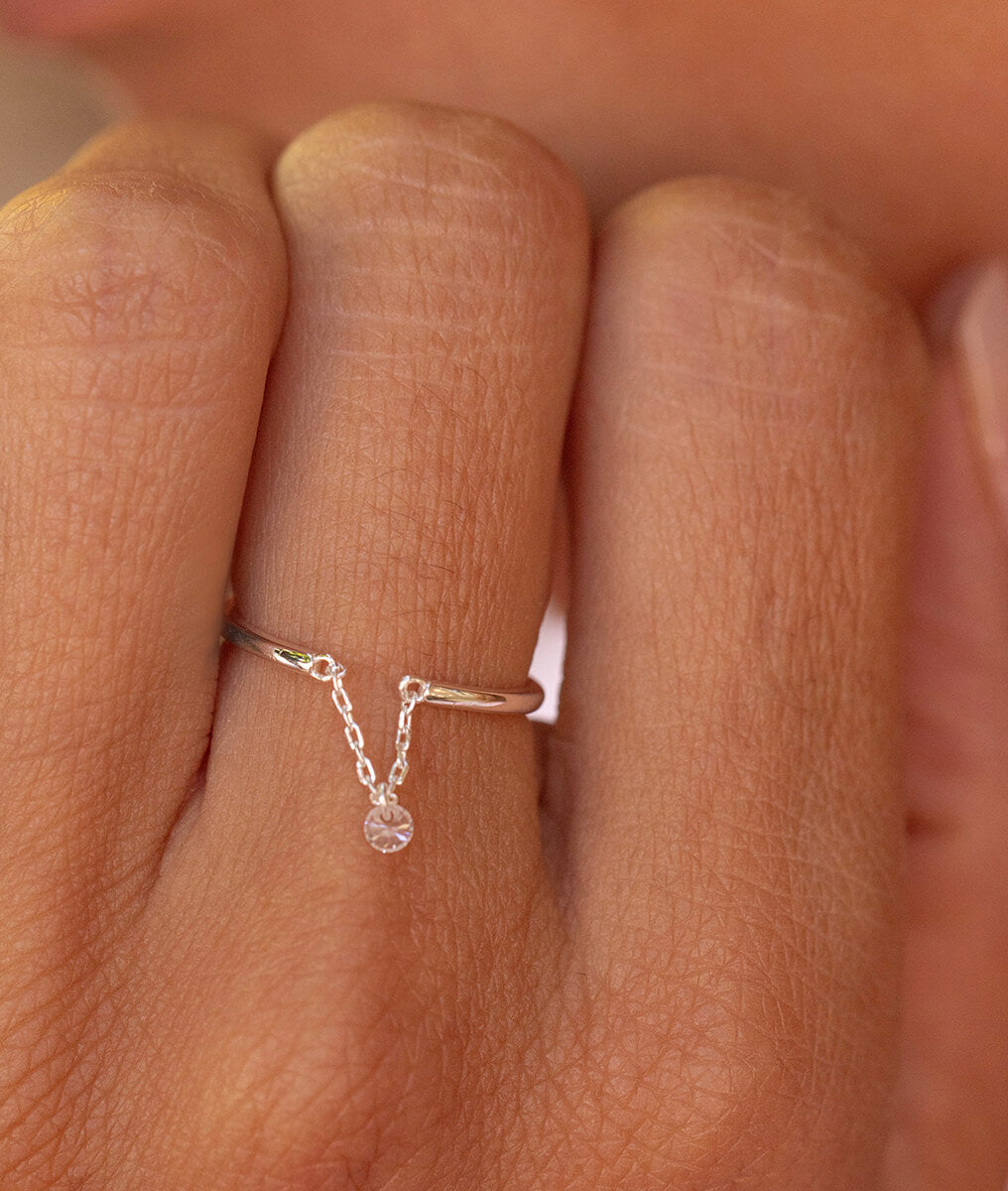 Bague fine chaîne zircon suspendu Argent 925 - 1