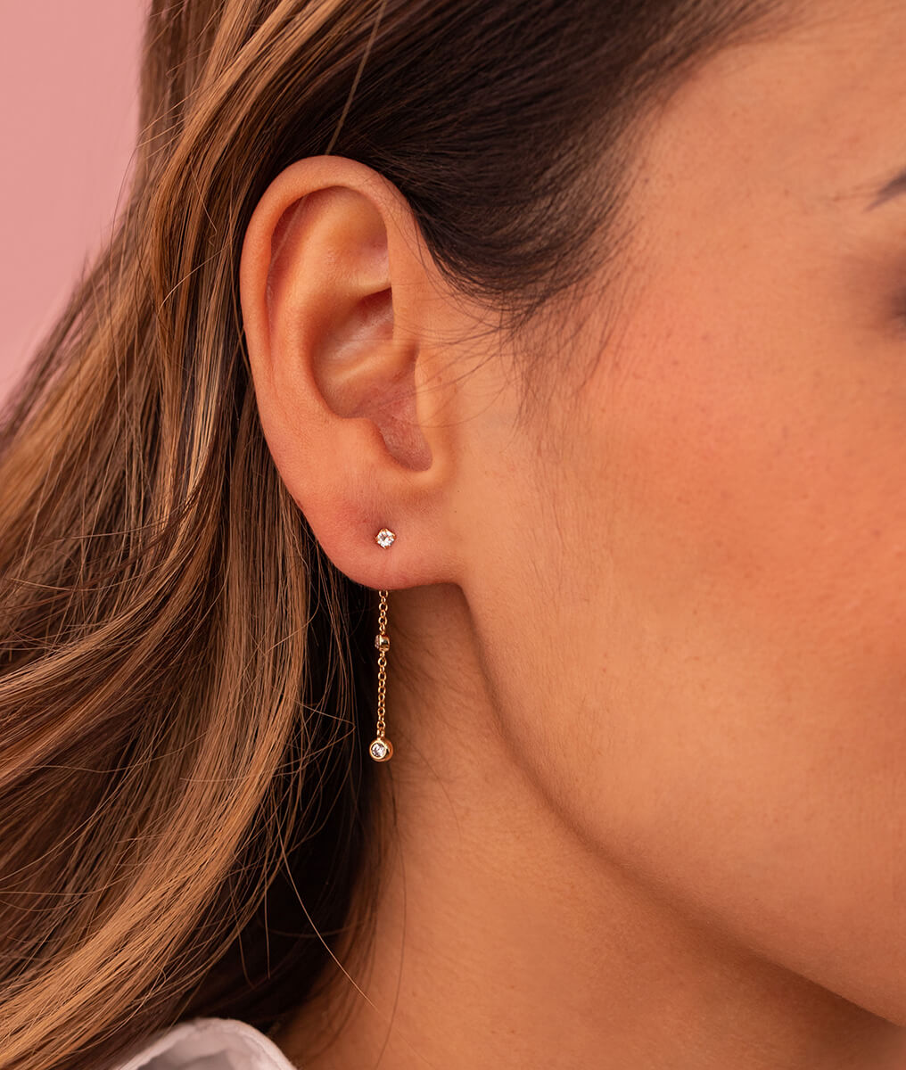 Boucle d'oreille puce et pampille chaîne zircons [à l'unité] Plaqué or - 1