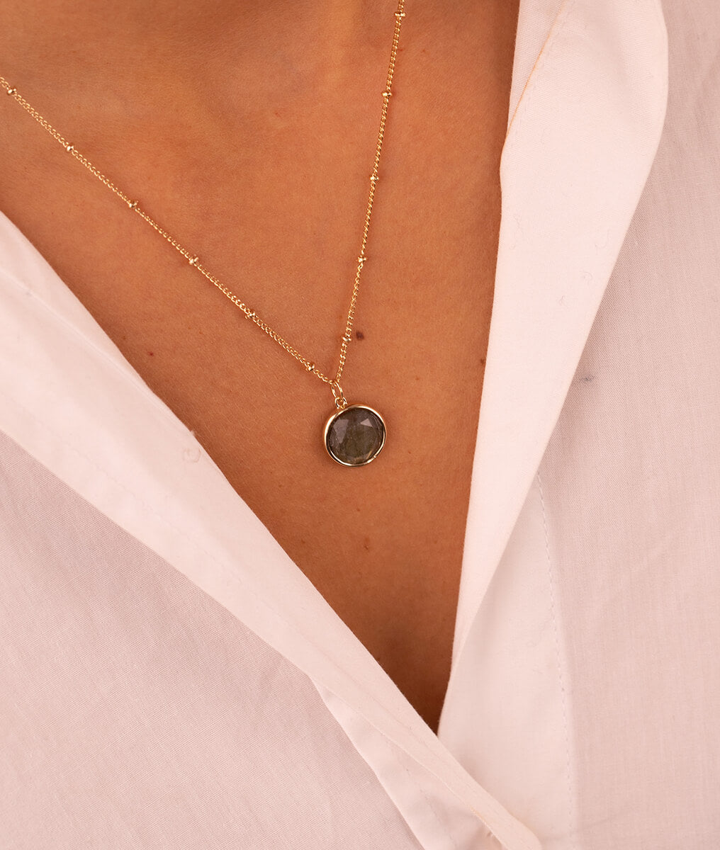 Collier chaîne perlée pastille Labradorite Plaqué or - 1