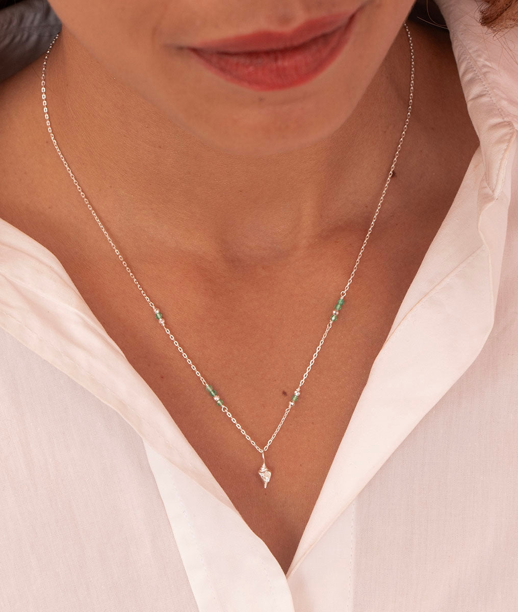 Collier chaîne zircons verts et coquillage suspendu Argent 925 - 1