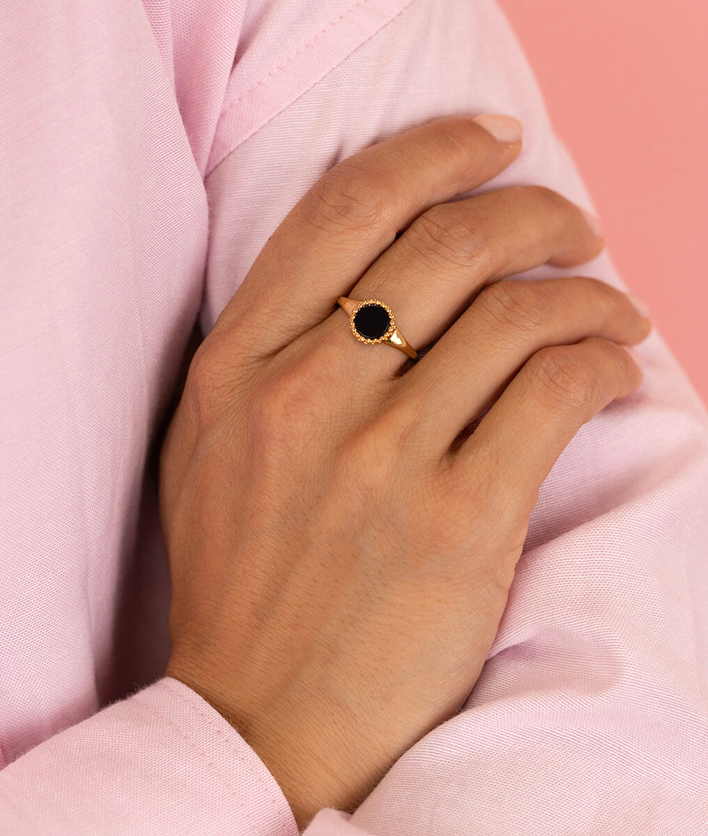 Bague grande pastille perlée Onyx Plaqué or - 1