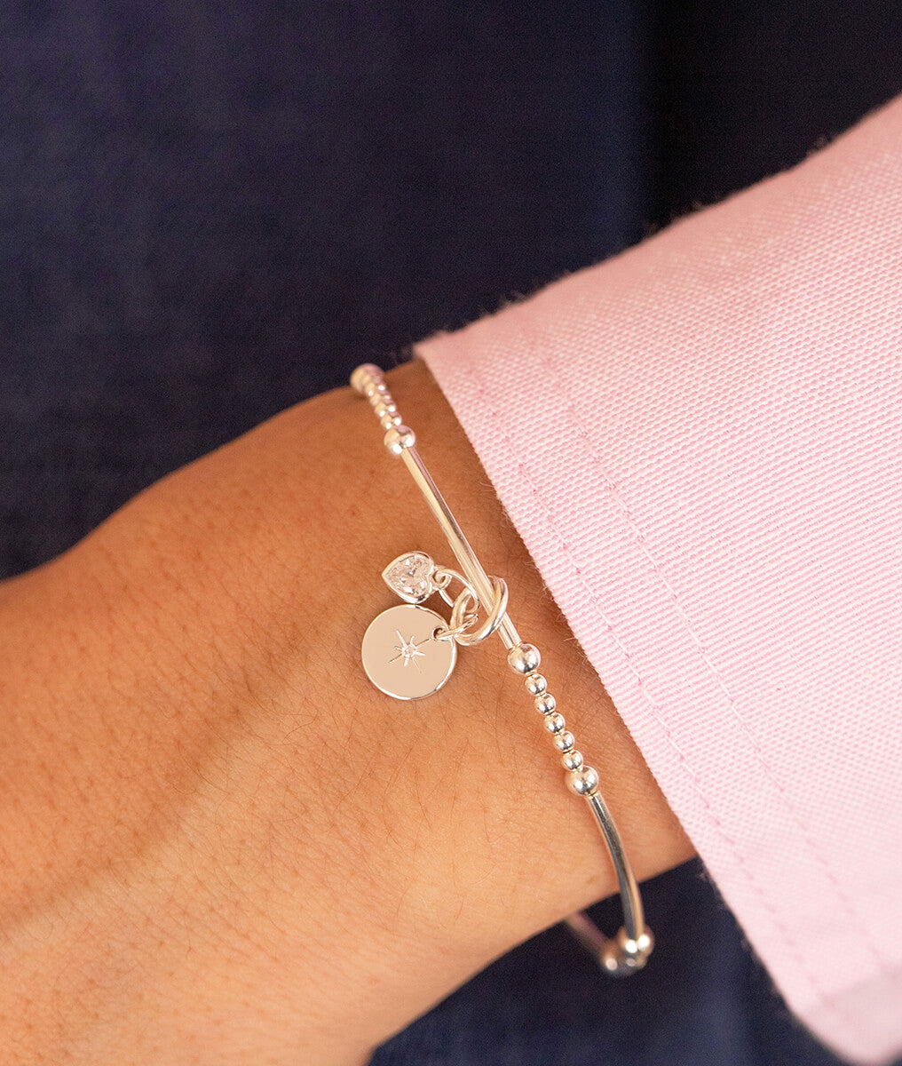 Bracelet perles 2mm et tubes médaille étoile scintillante et petit coeur zircon Argent 925 - 1
