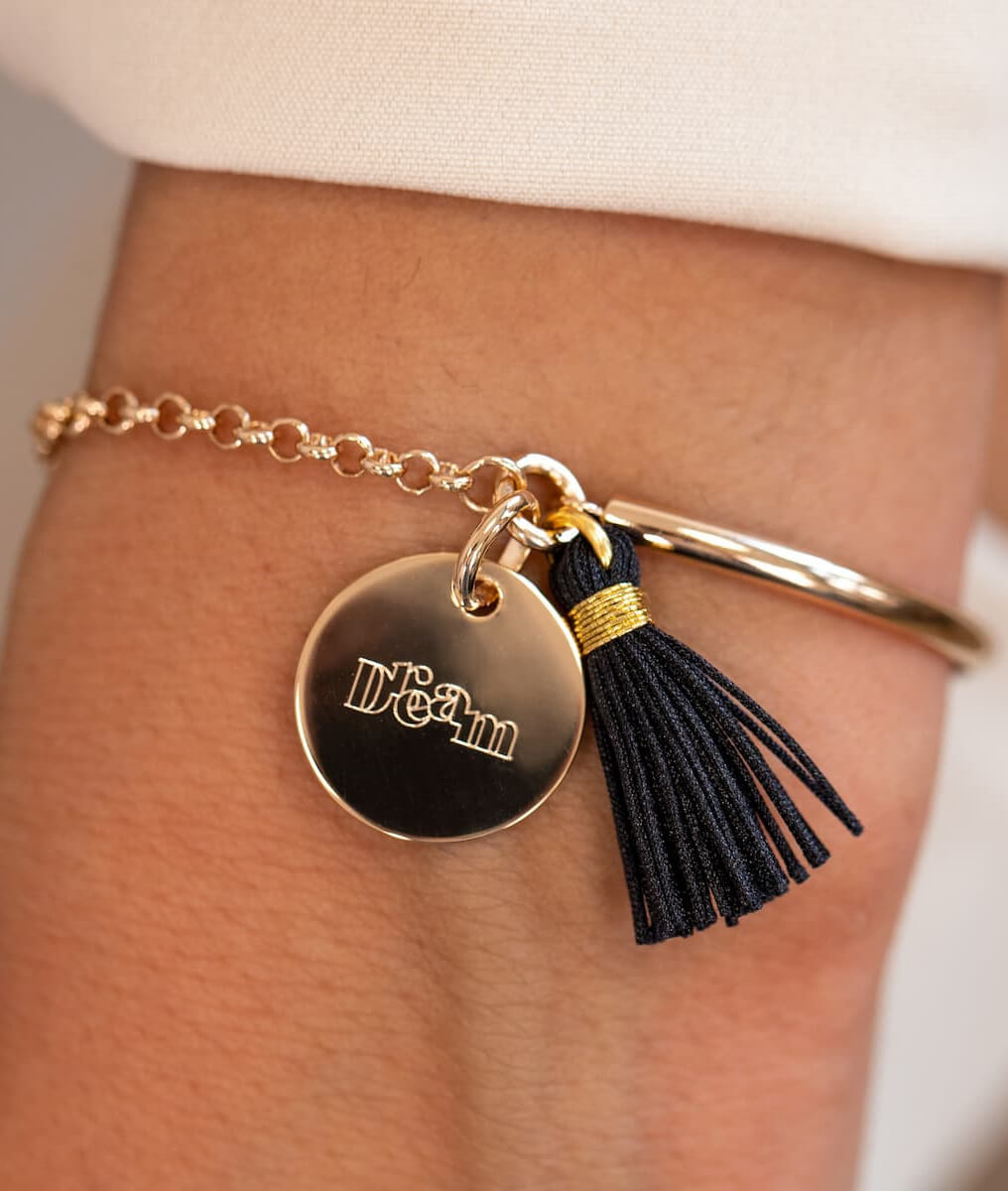 Demi jonc chaînette médaille et pompon Plaqué or - 1