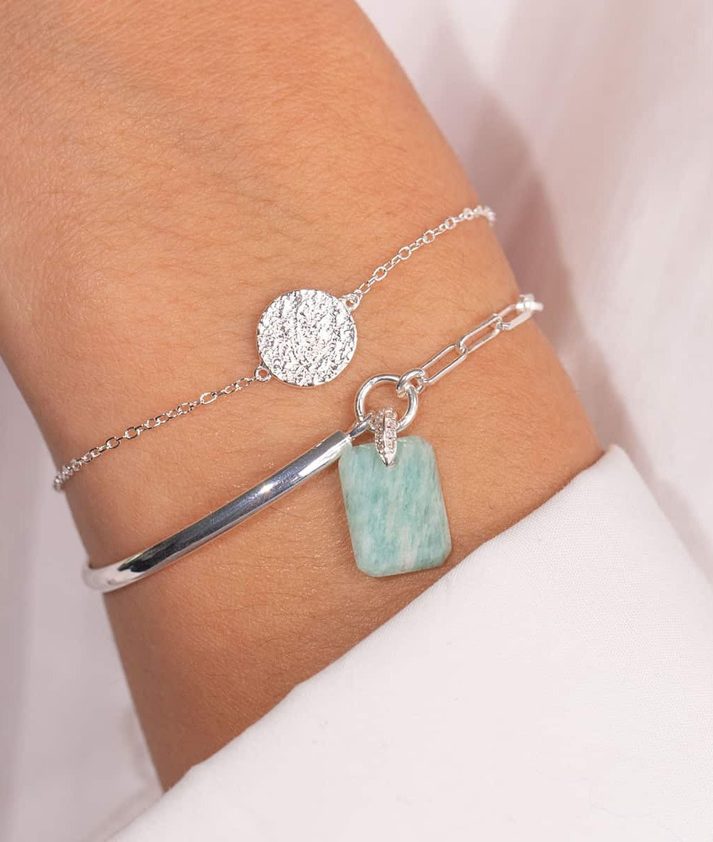Demi jonc chaînette grands maillons et Amazonite rectangle Argent 925 - 2
