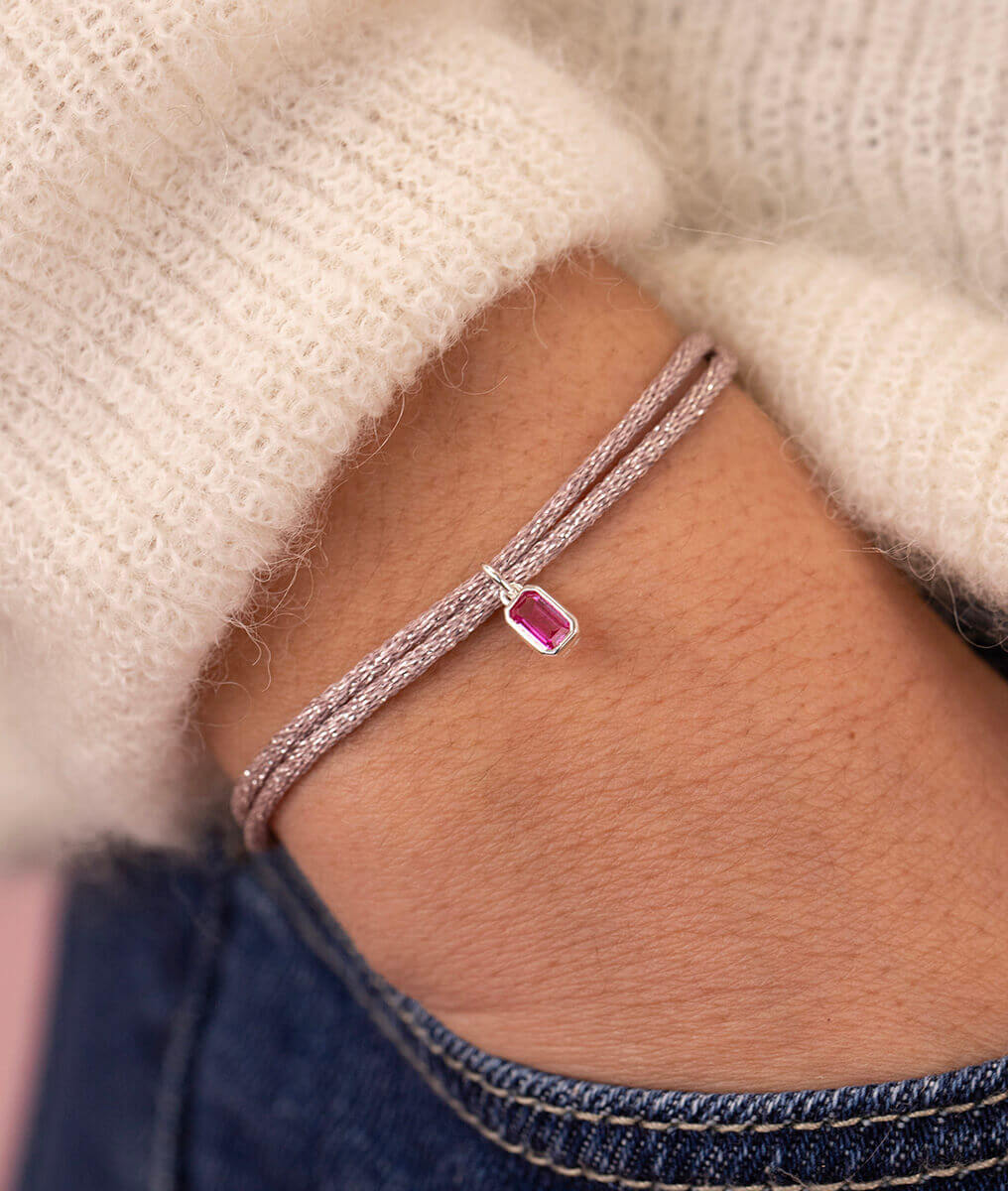 Bracelet cordon scintillant et médaille zircon rectangle rose Argent 925 - 1