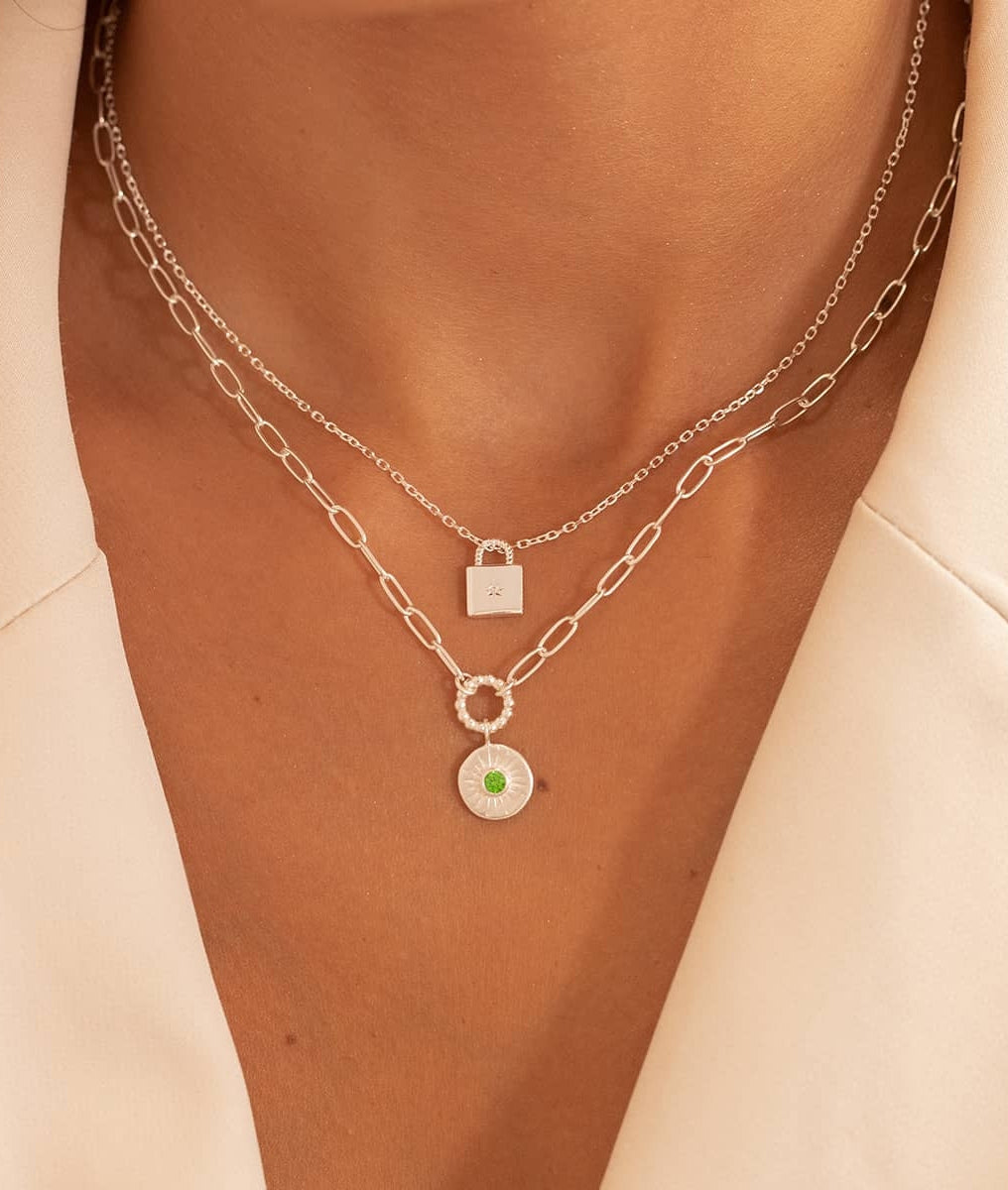 Collier grands maillons et médaille soleil zircon vert Argent 925 - 2