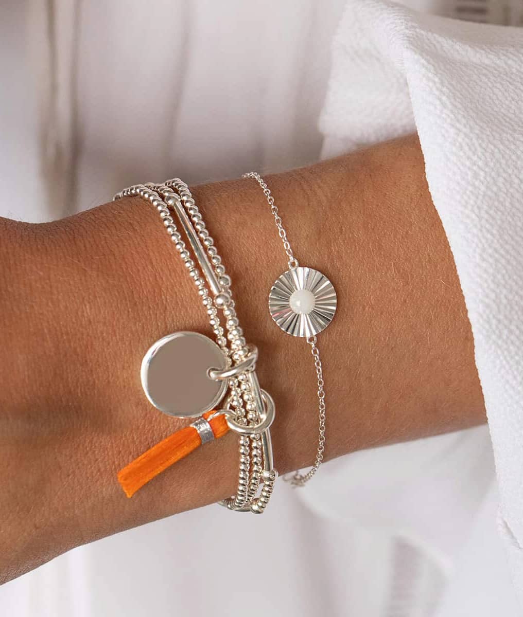 Bracelet chaîne et pastille striée Pierre de Lune Argent 925 - 2