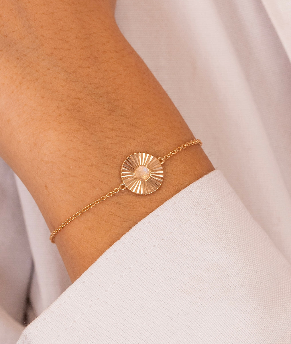 Bracelet chaîne et pastille striée Pierre de Lune Plaqué or - 1