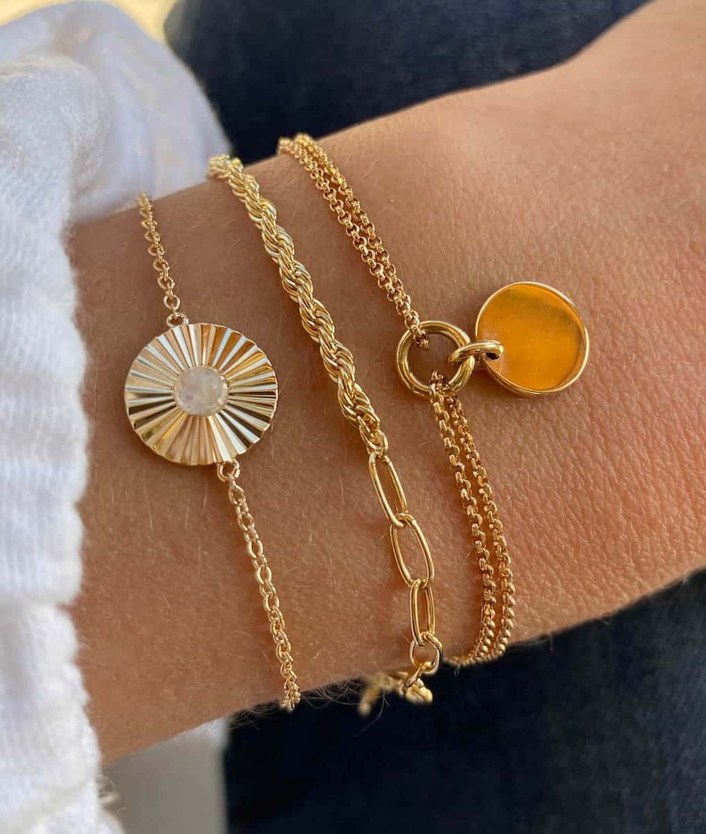 Bracelet chaîne et pastille striée Pierre de Lune Plaqué or - 2