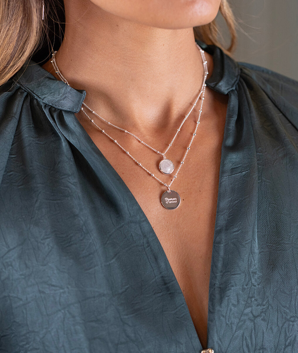 Collier chaîne perlée pastille Pierre de Lune Argent 925 - 2