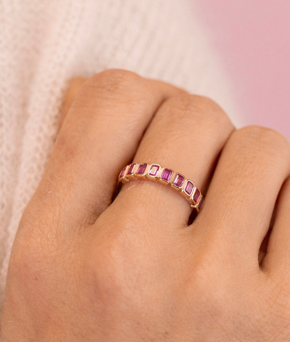 Bague fine zircons rectangles roses Plaqué or - 1