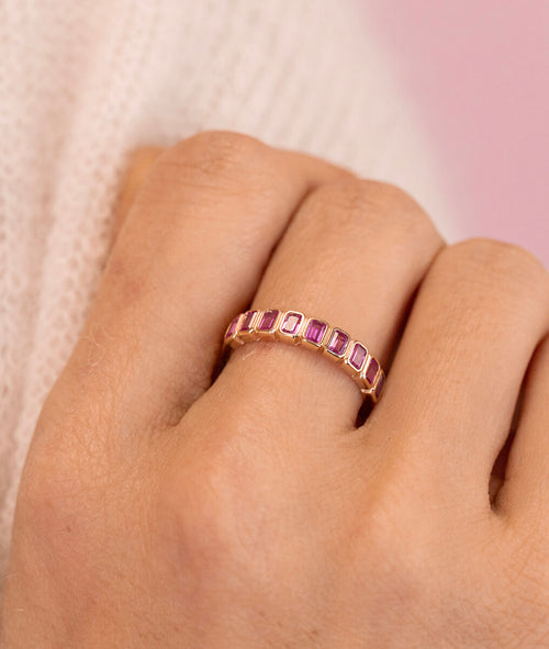 Bague fine zircons rectangles roses Plaqué or - 1