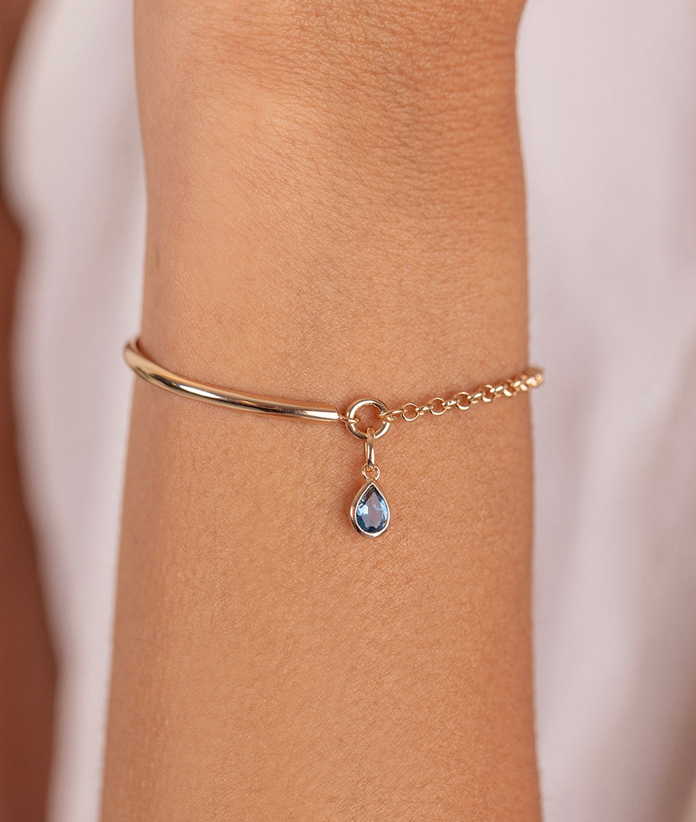 Demi jonc chaînette et pendentif goutte Topaze bleue Plaqué or - 1