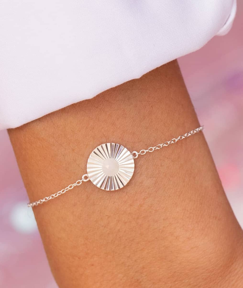 Bracelet chaîne et pastille striée Pierre de Lune Argent 925 - 1