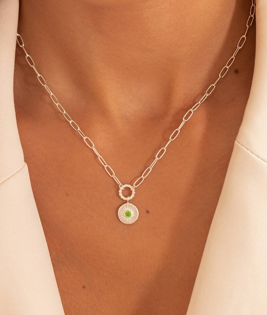 Collier grands maillons et médaille soleil zircon vert Argent 925 - 1