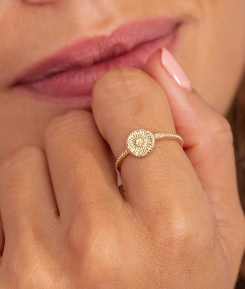 Bague fine perlée et pastille fleur Plaqué or - 1