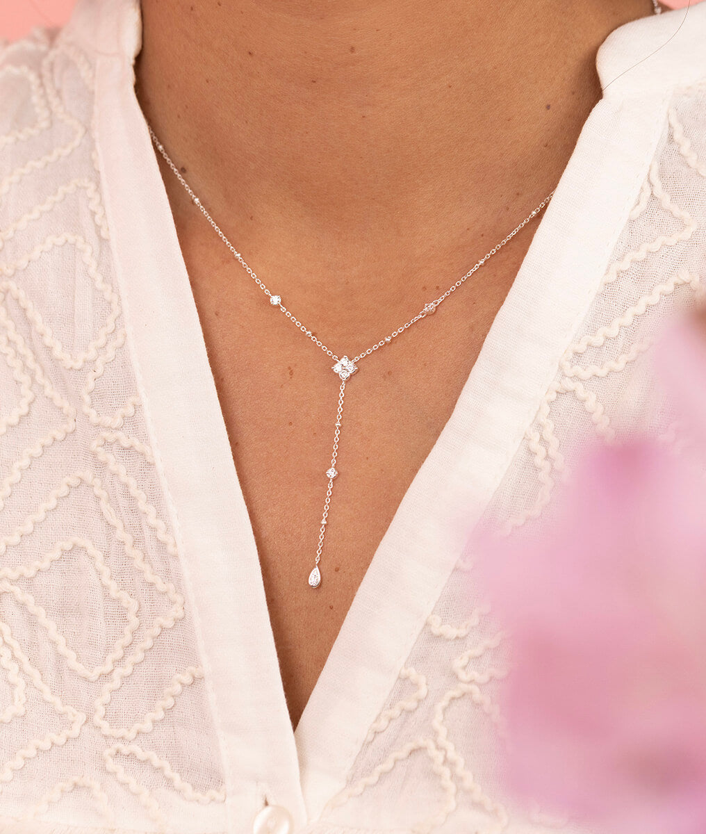Collier cravate fleur de zircons et goutte Argent 925 - 1