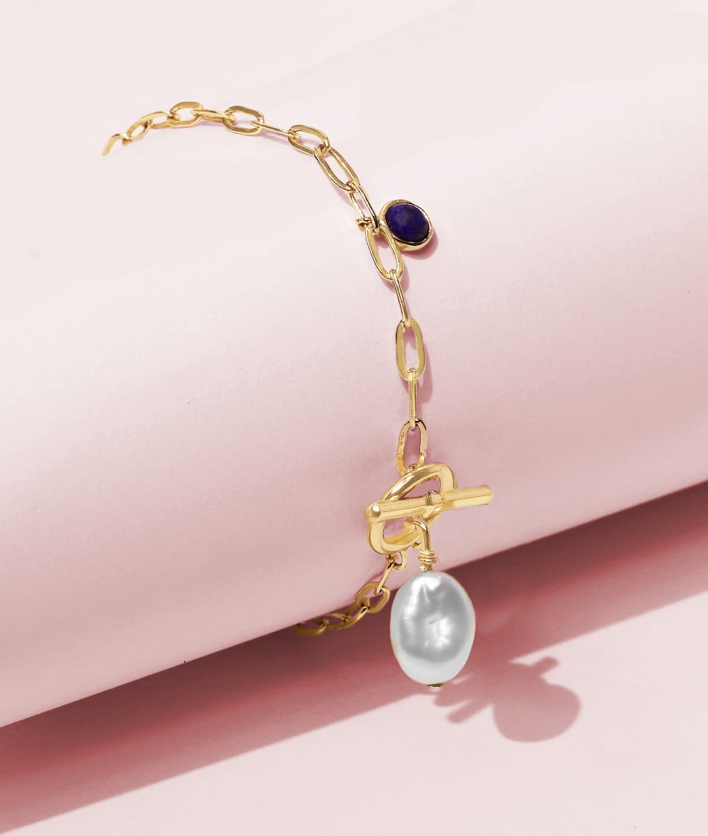 Bracelet chaîne maillons lapis lazuli et perle d'eau douce Plaqué or - 2
