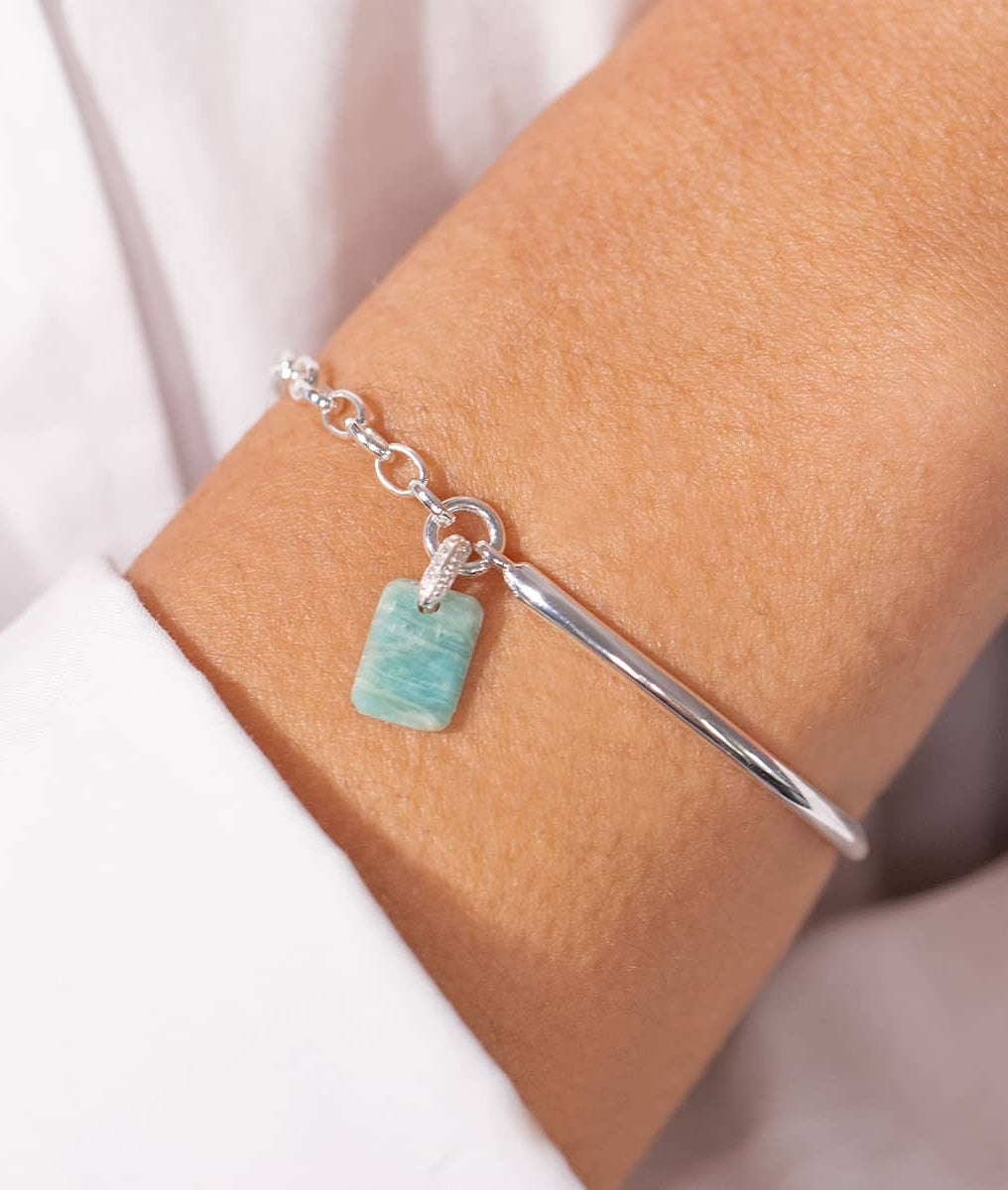 Demi jonc chaînette maille épaisse et Amazonite rectangle Argent 925 - 1