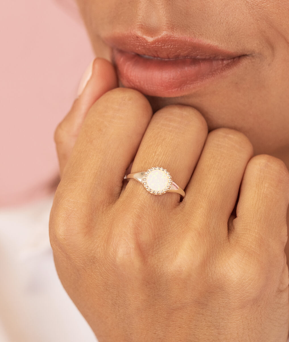 Bague grande pastille perlée Opale blanche Argent 925 - 1