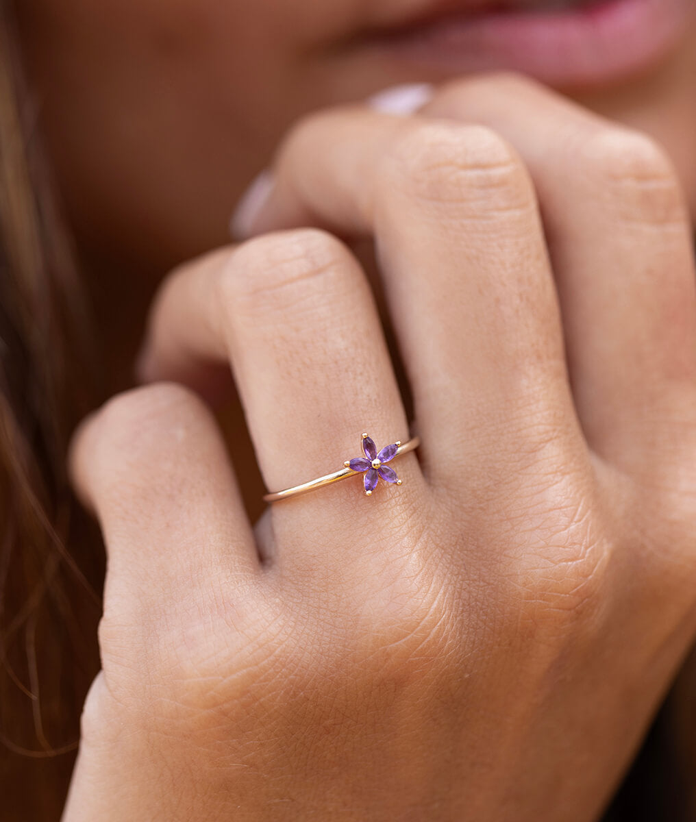 Bague fine fleur Améthyste Plaqué or - 1