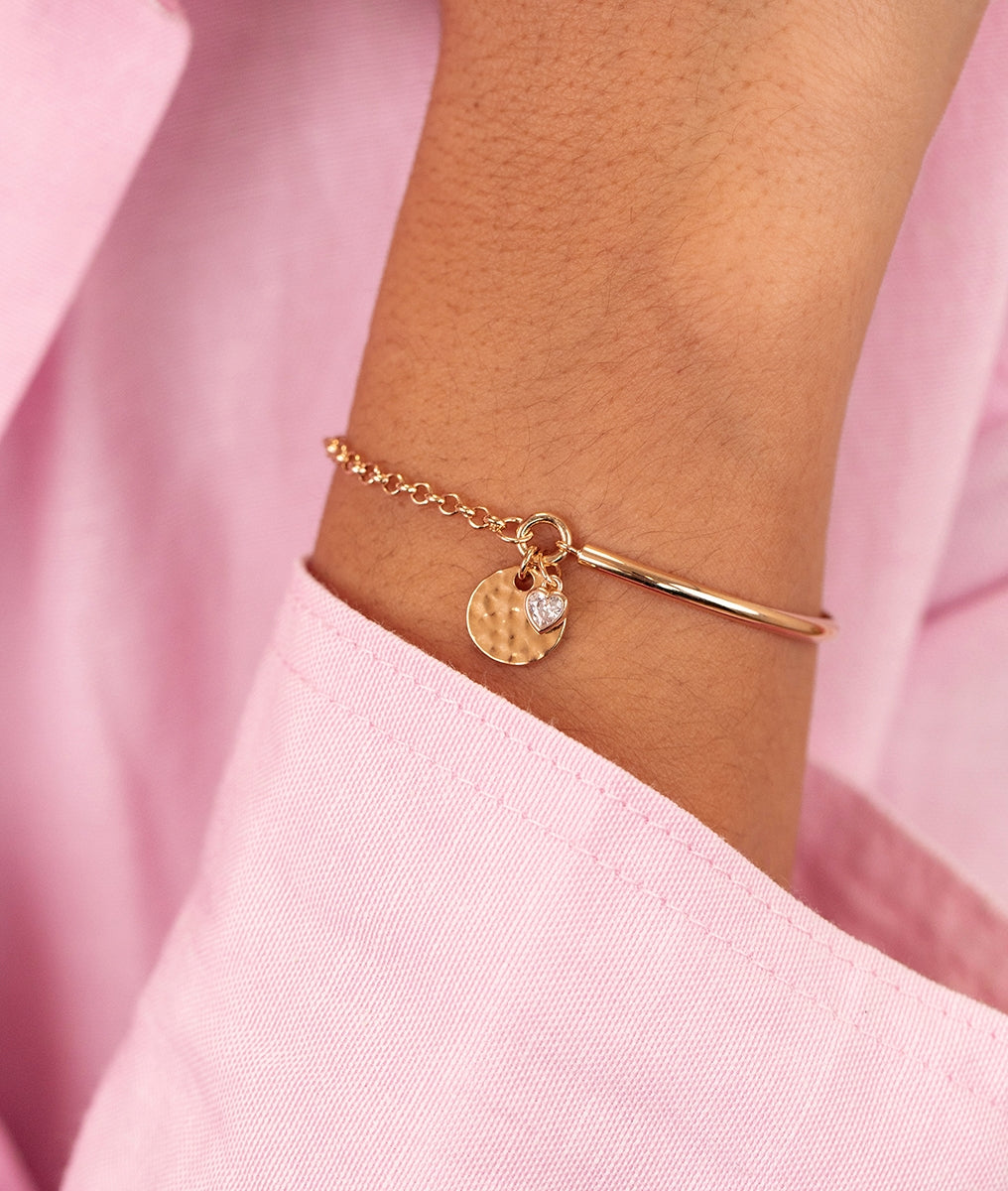 Demi jonc chaînette petite médaille martelée et petit coeur zircon Plaqué or - 1
