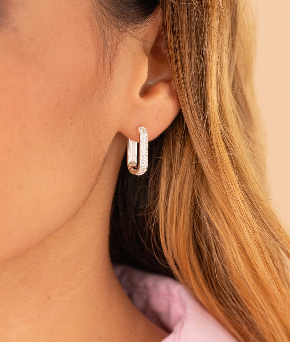 Boucles d'oreilles créoles rectangles et zircons Argent 925 - 1