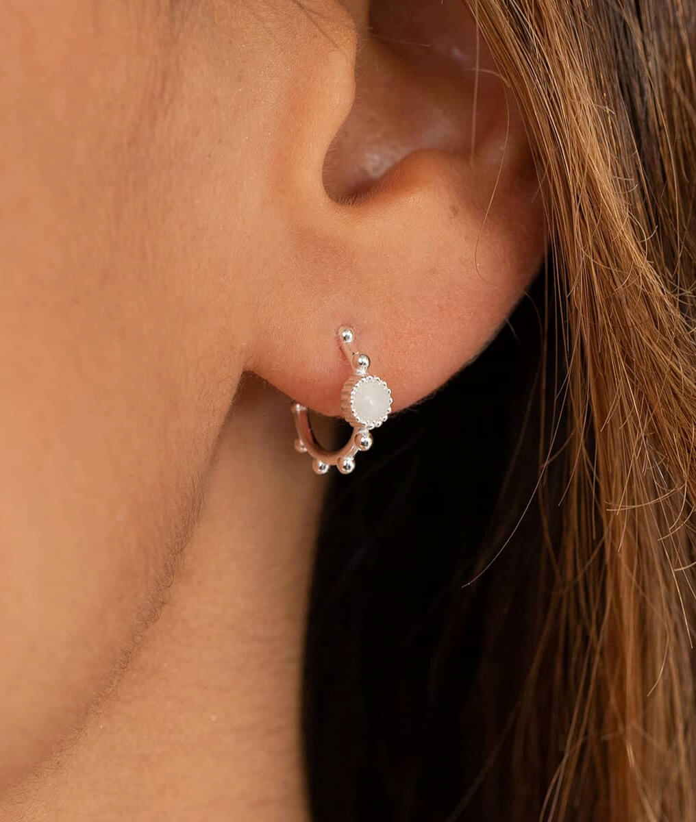 Boucles d'oreilles créoles perlées et pierre fine Argent 925 - 1