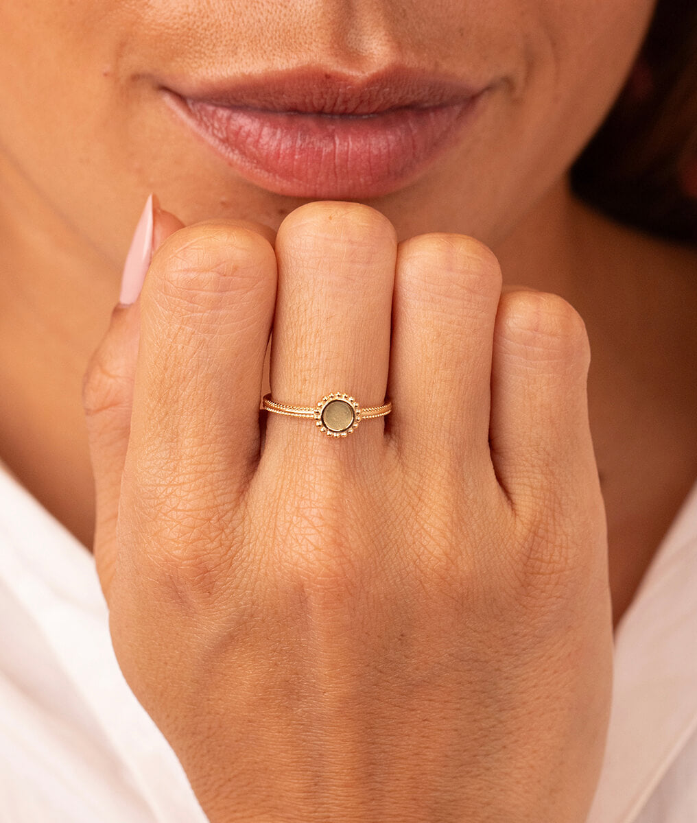 Bague pastille perlée Aventurine Plaqué or - 1