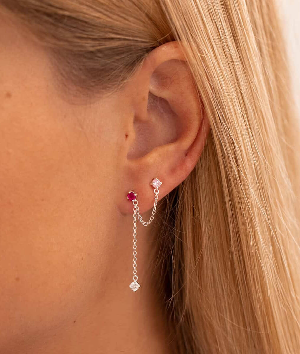 Boucle d'oreille double puces zircons roses et chaîne [à l'unité] Argent 925 - 1