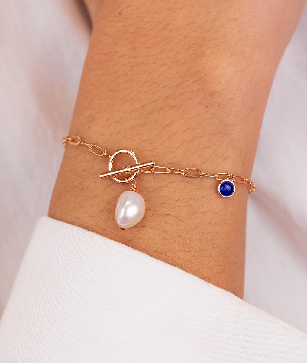 Bracelet chaîne maillons lapis lazuli et perle d'eau douce Plaqué or - 1