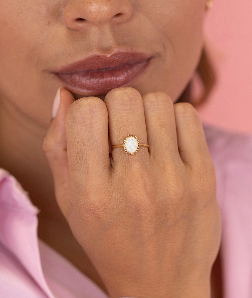 Bague pastille Opale blanche ovale Plaqué or - 1