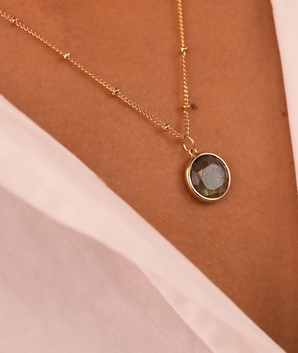 Collier chaîne perlée pastille Labradorite Plaqué or - 2