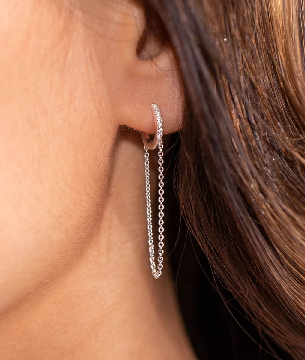 Boucle d'oreille créole zircons et grande chaîne [à l'unité] Argent 925 - 1
