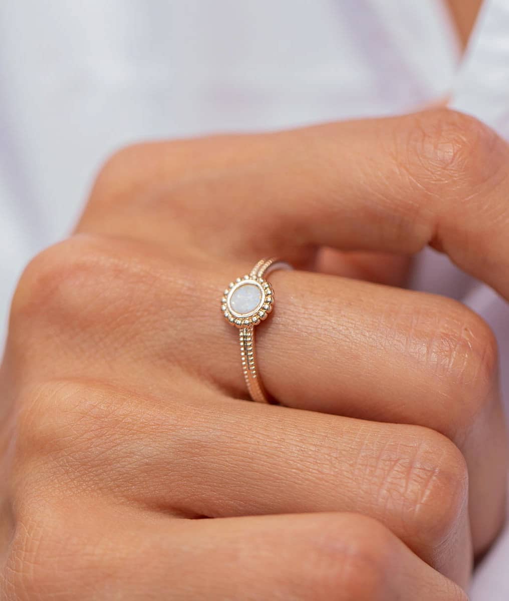 Bague pastille perlée Opale blanche Plaqué or - 2