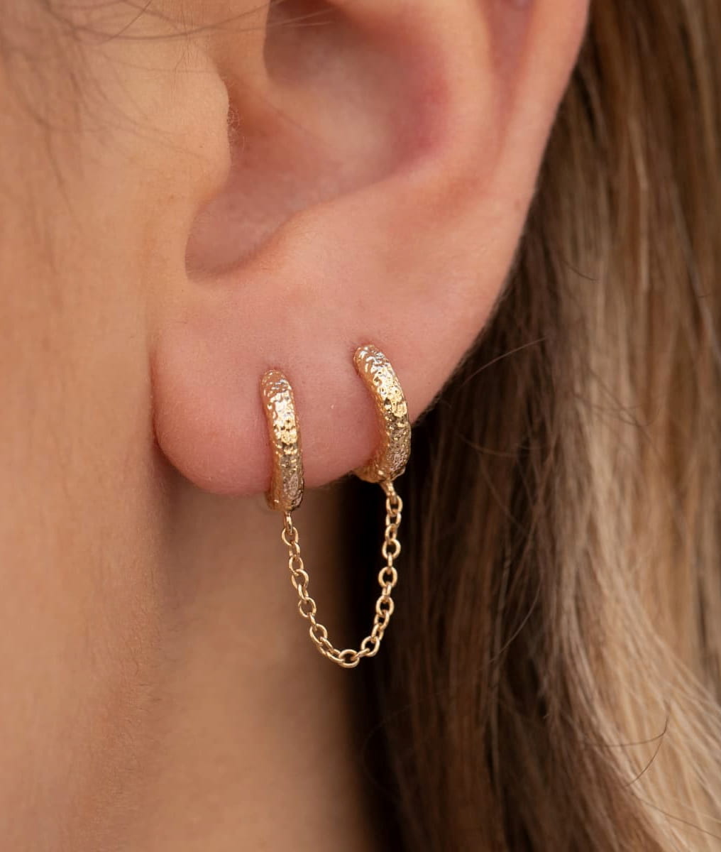 Boucle d'oreille double créoles texturées et chaîne [à l'unité] Plaqué or - 1