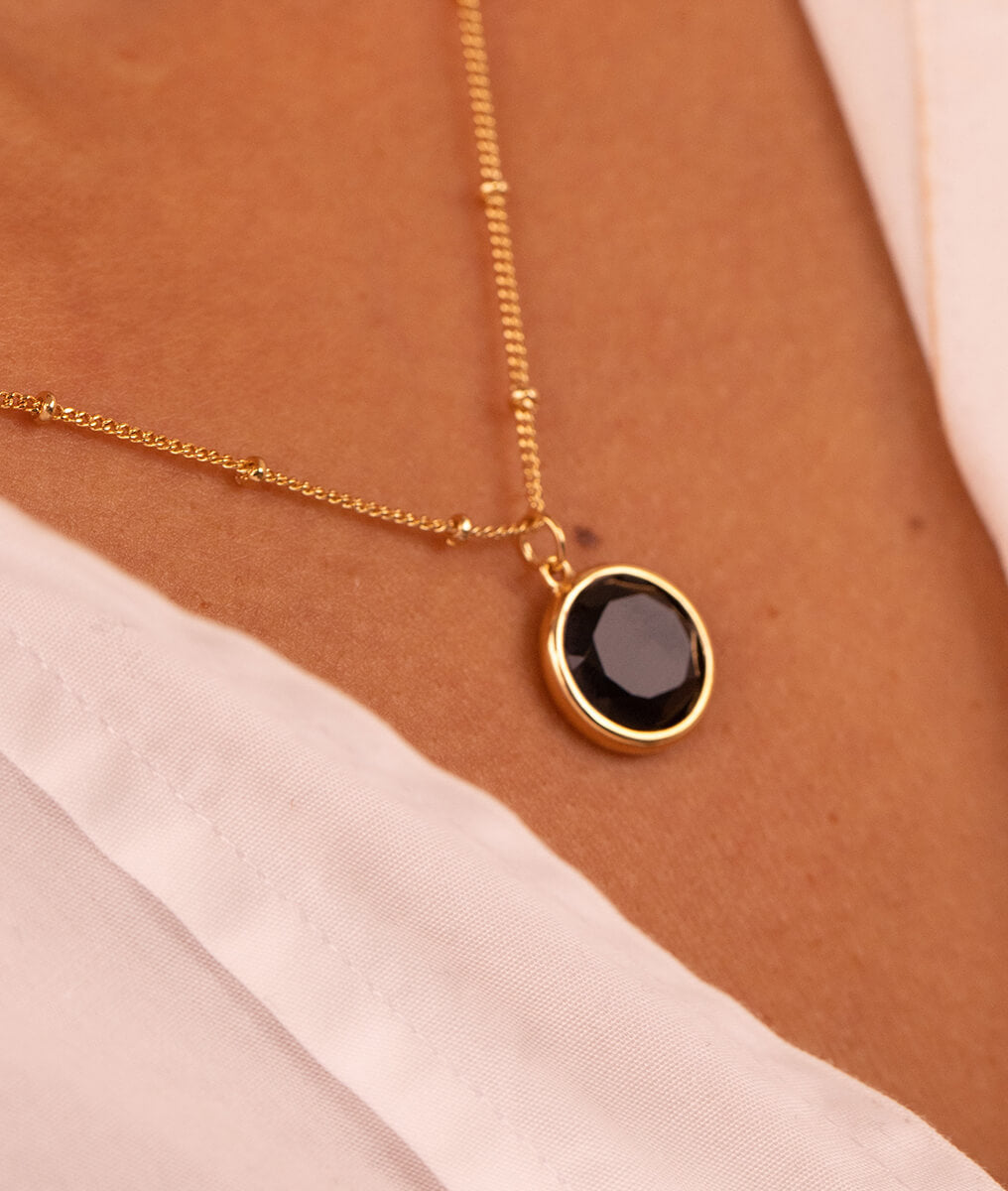 Collier chaîne perlée pastille Onyx Plaqué or - 2