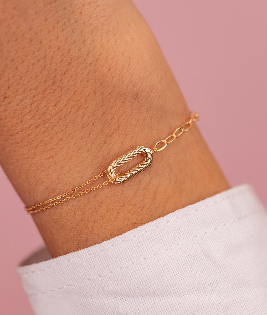 Bracelet grands maillons et pendentif ovale tressé Plaqué or - 1