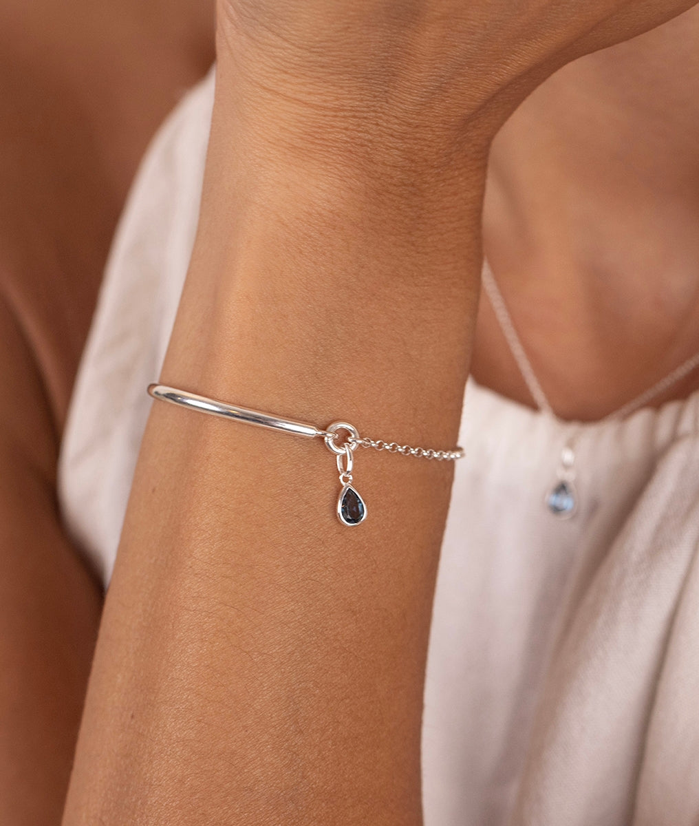 Demi jonc chaînette et pendentif goutte Topaze bleue Argent 925 - 1