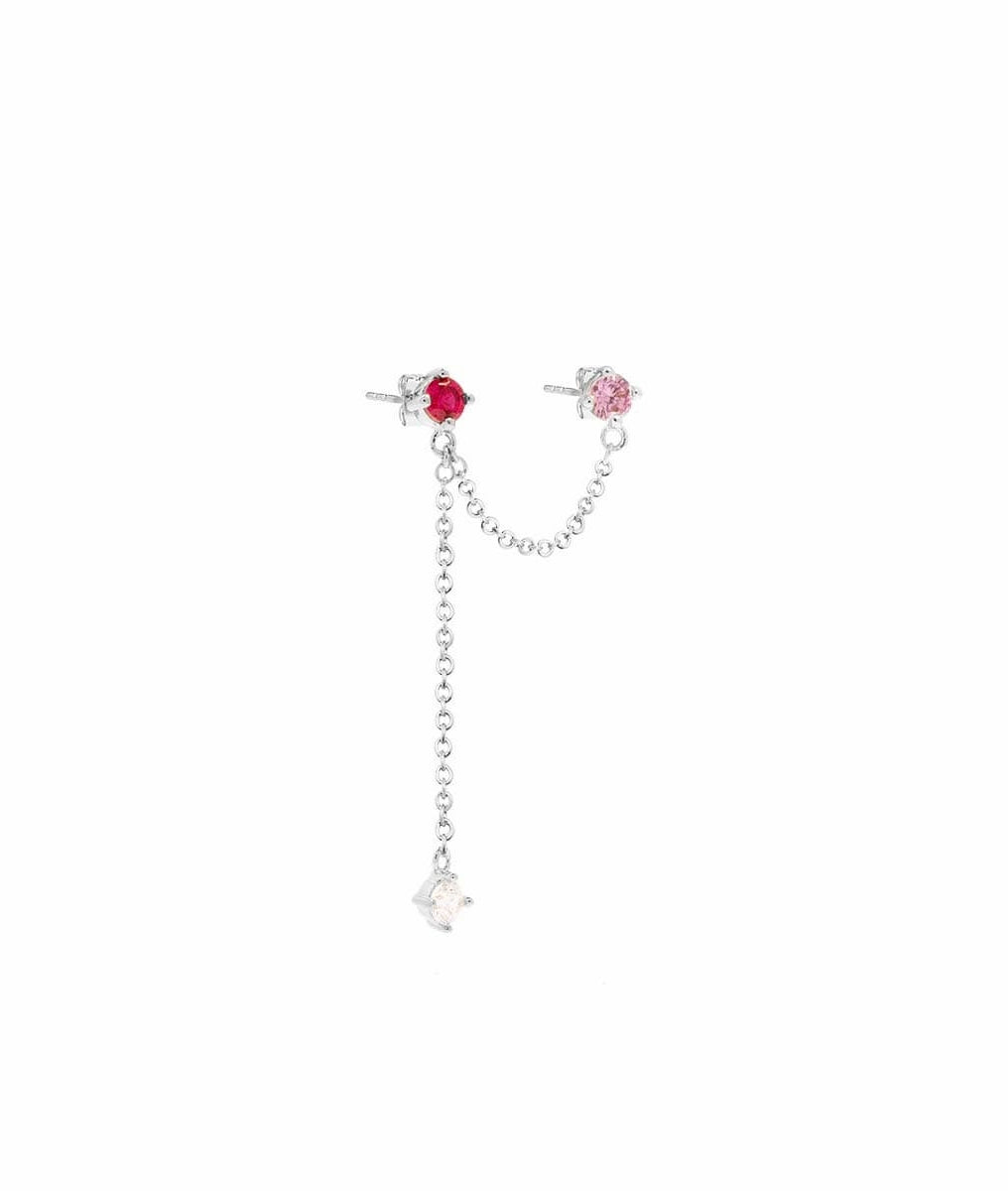 Boucle d'oreille double puces zircons roses et chaîne [à l'unité] Argent 925 - 2