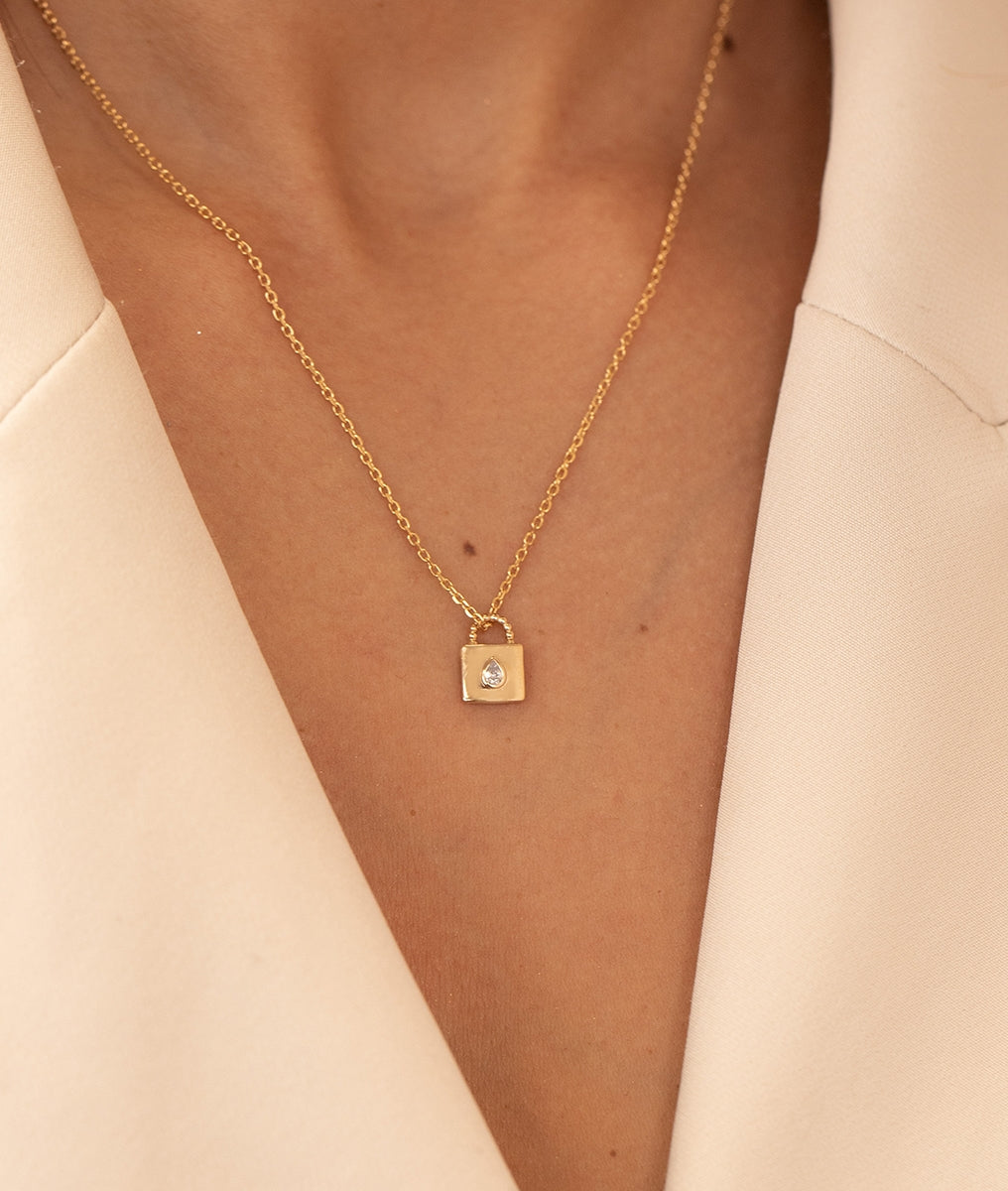 Collier chaîne et médaille cadenas goutte Plaqué or - 1