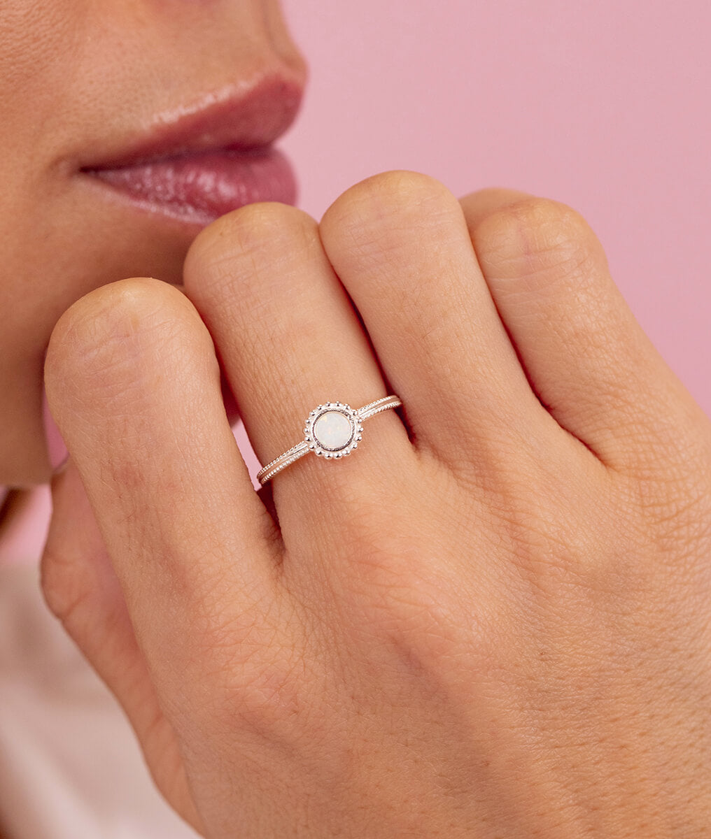 Bague pastille perlée Opale blanche Argent 925 - 1