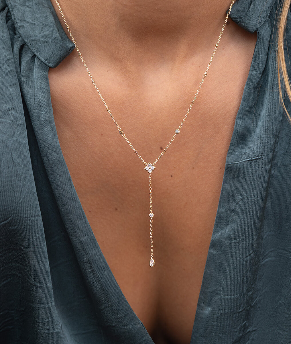 Collier cravate fleur de zircons et goutte Plaqué or - 1