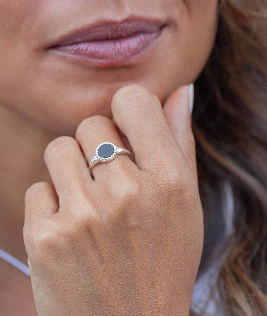 Bague grande pastille perlée Onyx Argent 925 - 1