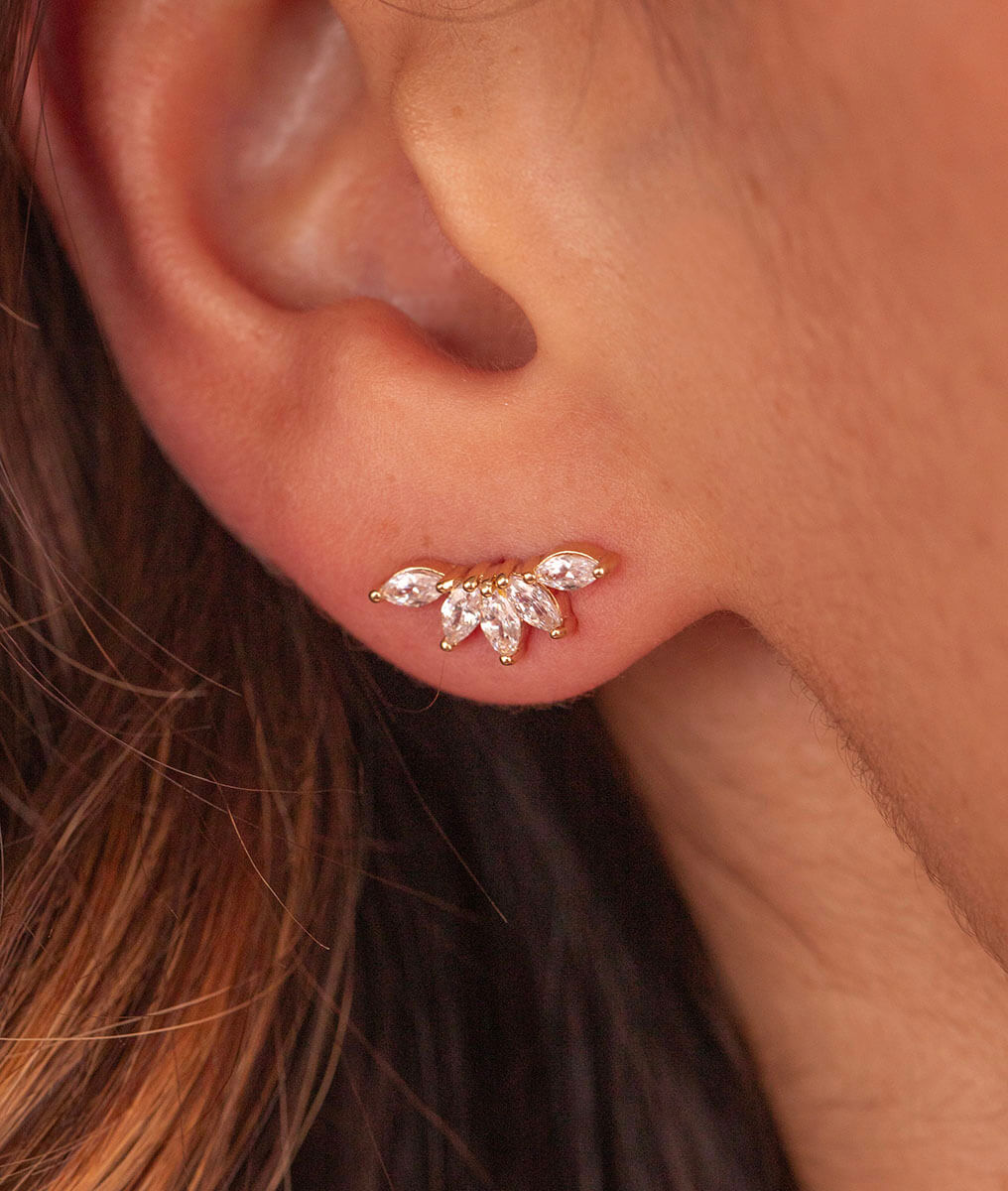 Boucles d'oreilles puces cinq pétales de zircons Plaqué or - 1