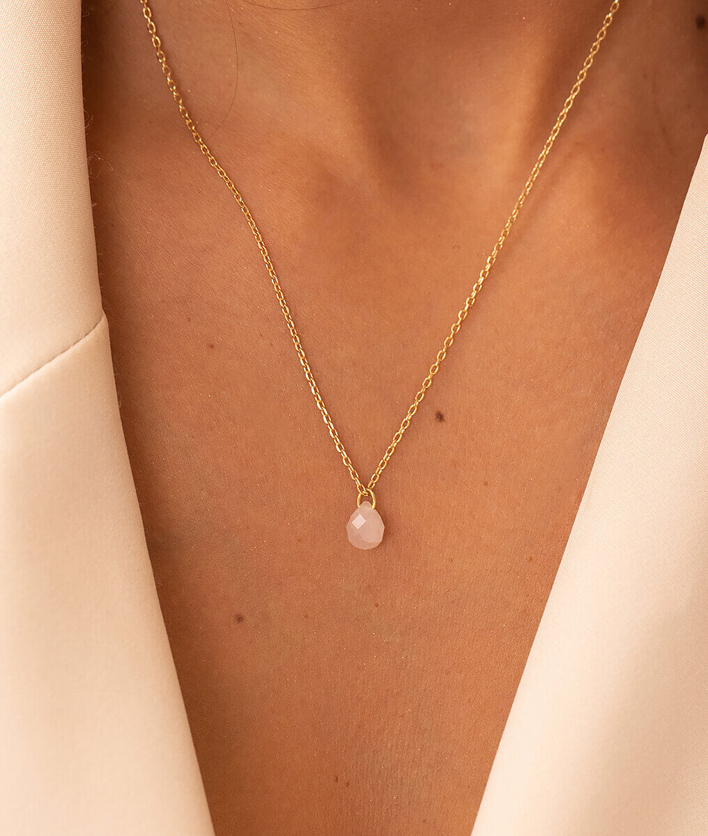 Collier chaîne et Quartz rose suspendu Plaqué or - 1