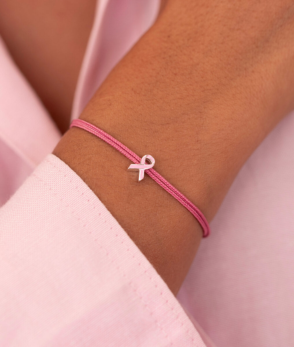 Bracelet cordon médaille ruban Octobre Rose Argent 925 - 1