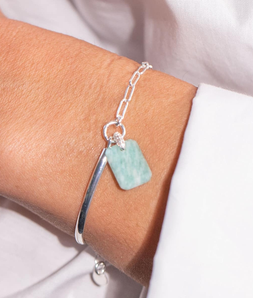 Demi jonc chaînette grands maillons et Amazonite rectangle Argent 925 - 1